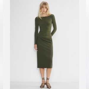 Michel Laperle Elegant Olive Green Dress Long Sleeve Draped Boat Neck NWOT